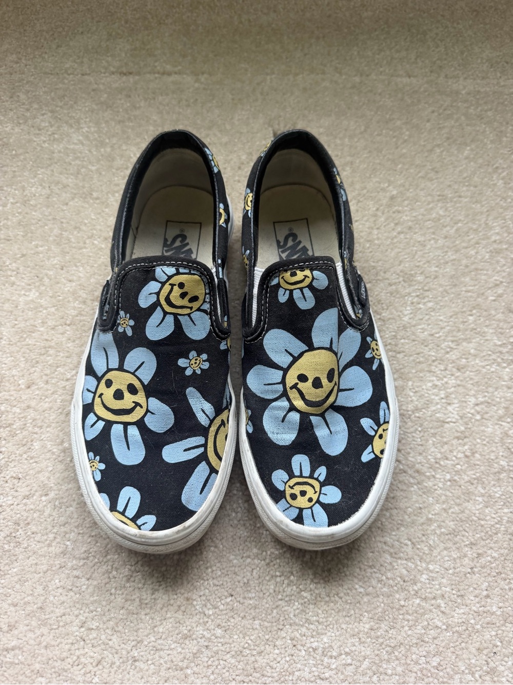 Vans Slip-On Sneakers - Black with Blue & Yellow Smiley Daisies